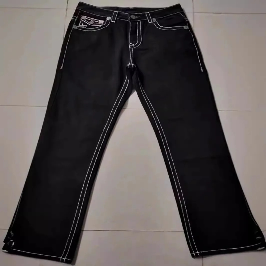 Y2K American high street fashion Buddha religious jeans black and white thick line mens straight leg casual pants 241115