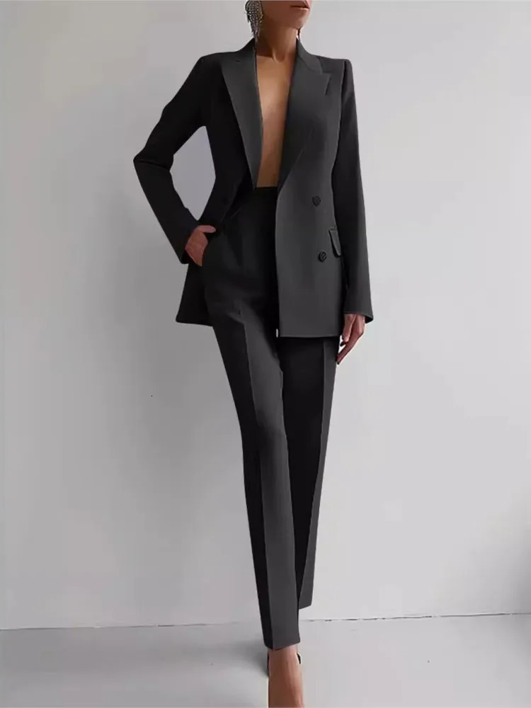 2024 Casual Long Sleeve Suit Set Office Lady Solid Elegant Slim Spring Autumn Tops Blazer Pants Two Piece Women Outfit 241115