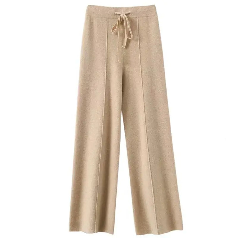 100% Pure Wool Pants Cashmere Wide Leg Trousers Womens Long Britches Knit Loose Daks Casual Autumn Winter High Waist 241116