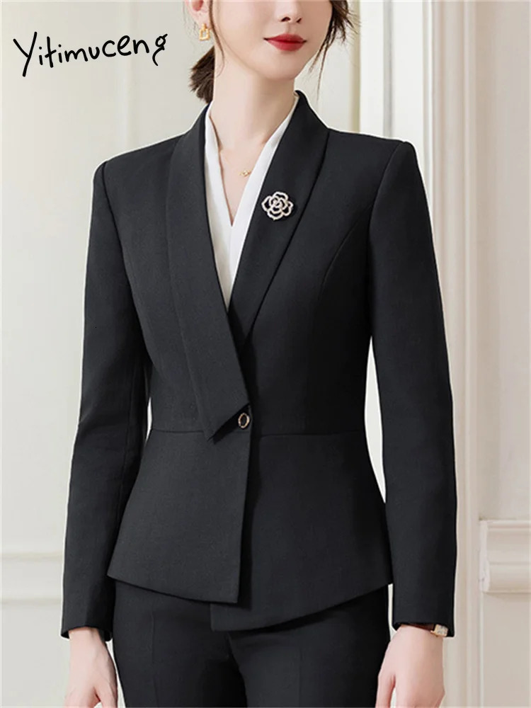 Yitimuceng Formal Work Pants Suits Korean Office Womens Solid Ultra Thin Long Sleeve Jacket Pencil Two Piece Set 241115