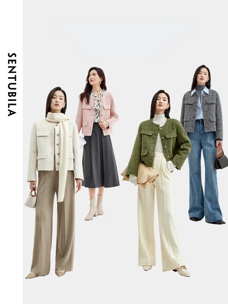 SENTUBILA Cropped Woolen Jacket Women 2024 Elegant Wool Blend Short Winter Coat Long Sleeve Doublefaced Outerwear W34O49414 241108