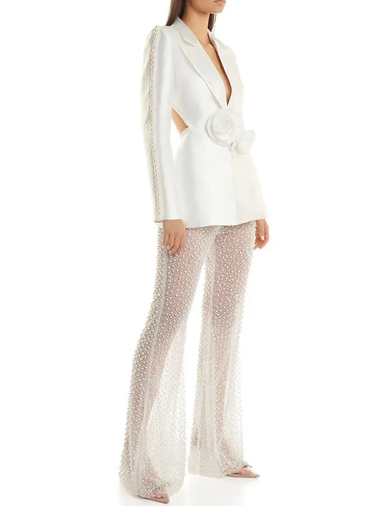 DEAT Fashion Womens Jacket Slotted Hollow Back Neck Long Sleeve 3D Flower Pearl sequin Mesh Pants Spring Style 7AB3522 241115