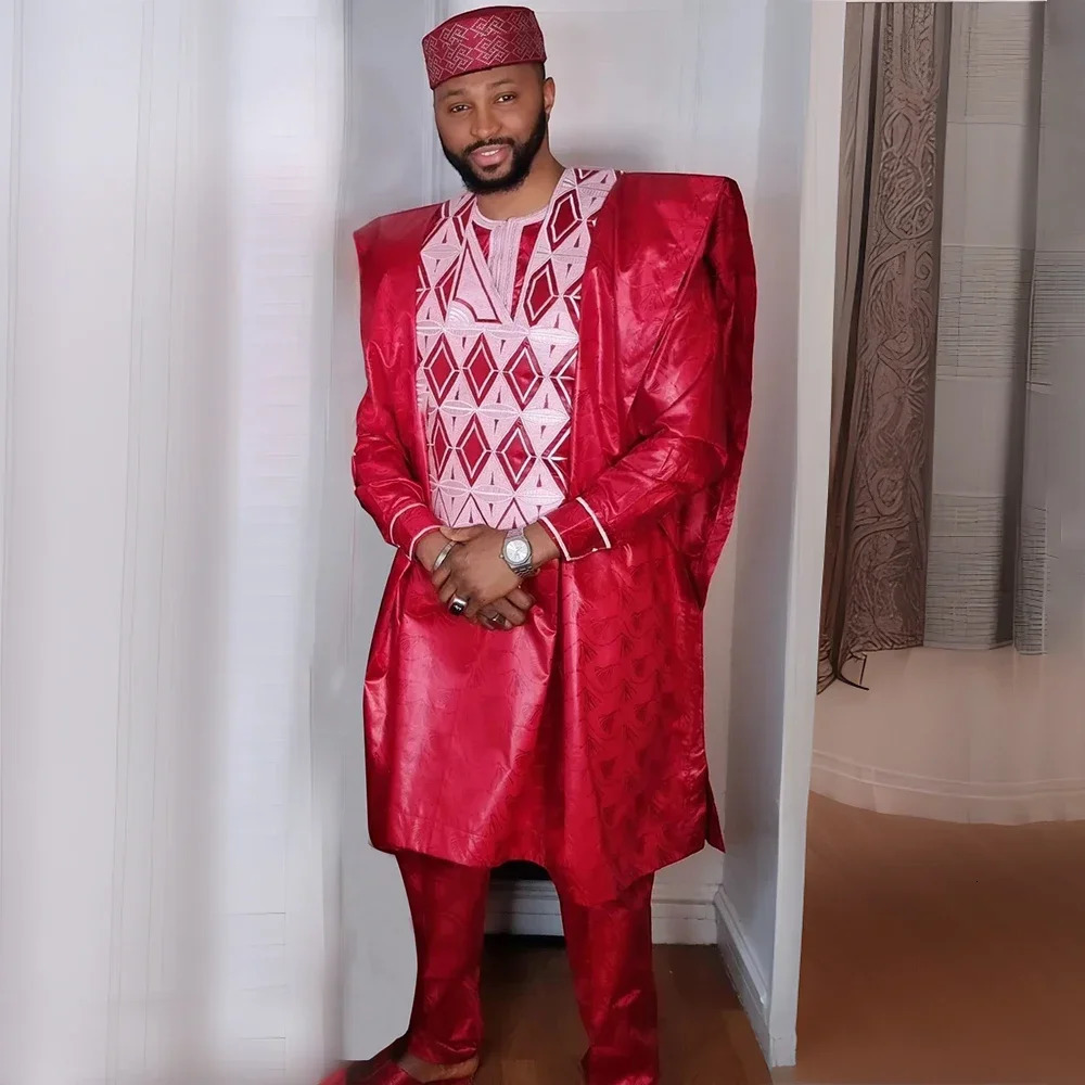 African Clothes for Men Dashiki Tradition Outfit Robe Embroidery Red Tops Pants Suits Bazin Muslim Wedding Party Clothing 241116