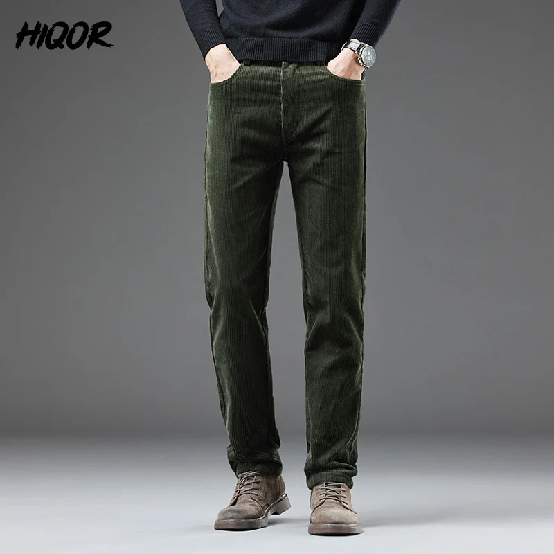 HIQOR Mens Corduroy Pants Winter Thick Warm Business Straight Casual Fashion Korean Wool Green Pocket 241115
