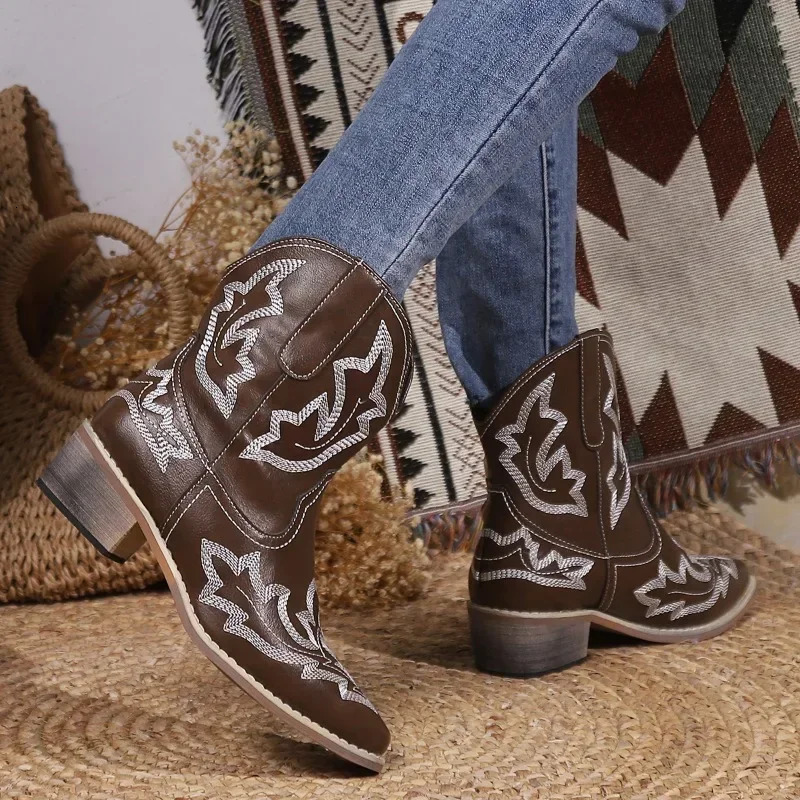 Fashion Embroidered Thick Heel Womens Boots Autumn Western Cowboy Ankle Boots Pointed Casual Shoes Womens Short Boots 241115
