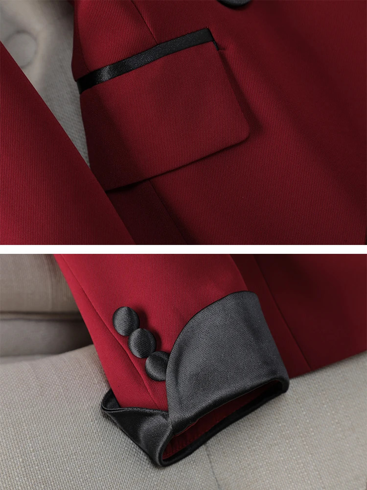 Elegant red and black womens pants set office business work clothes 2piece formal jacket Trouser 241115