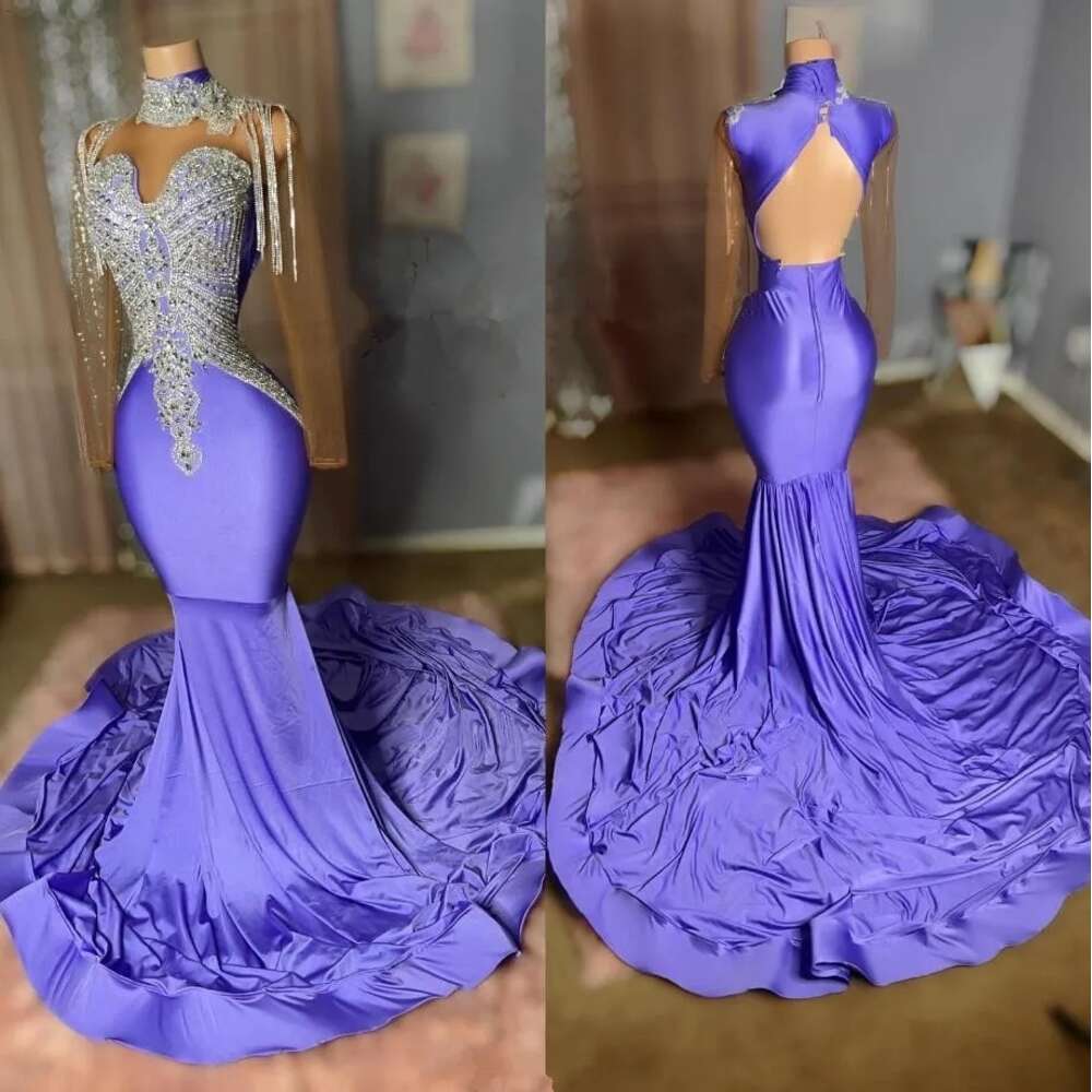 Lilac Mermaid Purple African Prom Dress For Women Sier Dia Crystal Backless Evening Celebrity Gown Robes De Soiree