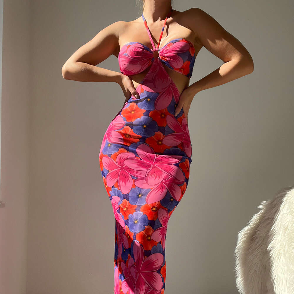 2024 Hanging Neck, Open Back Printed Lace Up Dress, Vacation Beach Skirt F41629