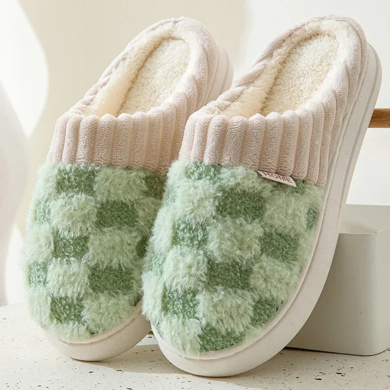 Fashion Couple Winter Flip Flops Warm Plaid Plush Slippers Soft Sole Slides Men Women Indoor Floor Home Nonslip Cotton Shoes 241115