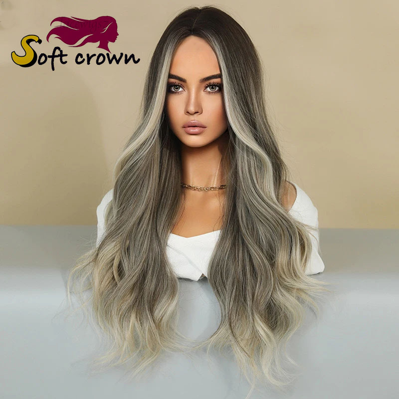 New for Ladies mid length wavy lace wig headpiece with gradient highlights Brown pink Purple hair girl cosplay synthetic wig