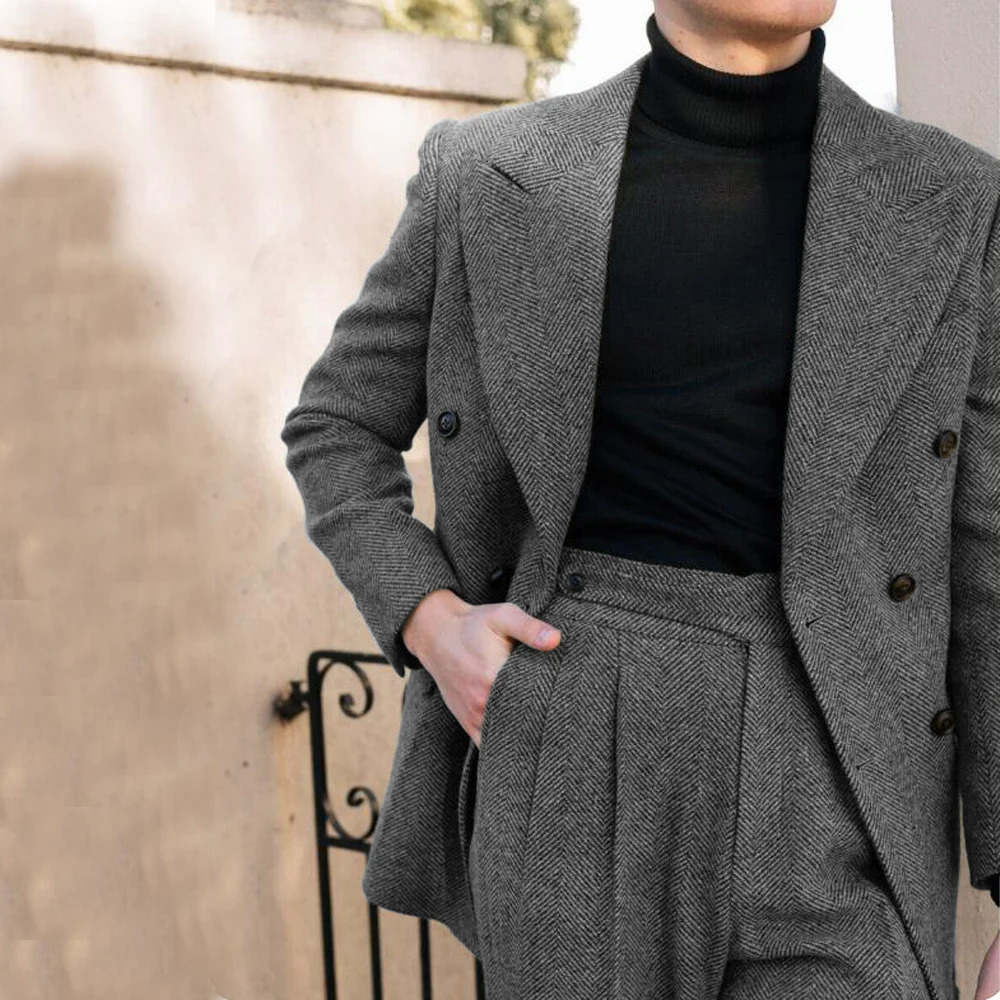 Mens Wedding Suit Herringbone Double Breasted Formal Lapel 2 Piece Full Elegant Slim Fit 241115