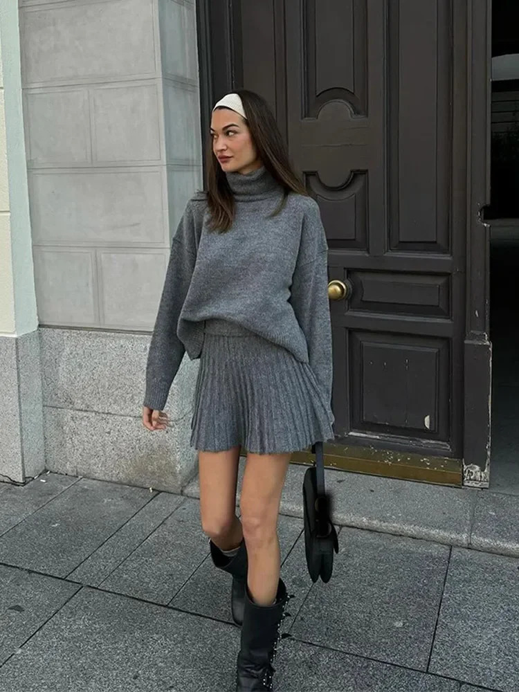 Womens gray knitted sweater bodysuit set chic turtle neck full sleeves drawstring pleated bodysuit womens knitted for autumn 241112