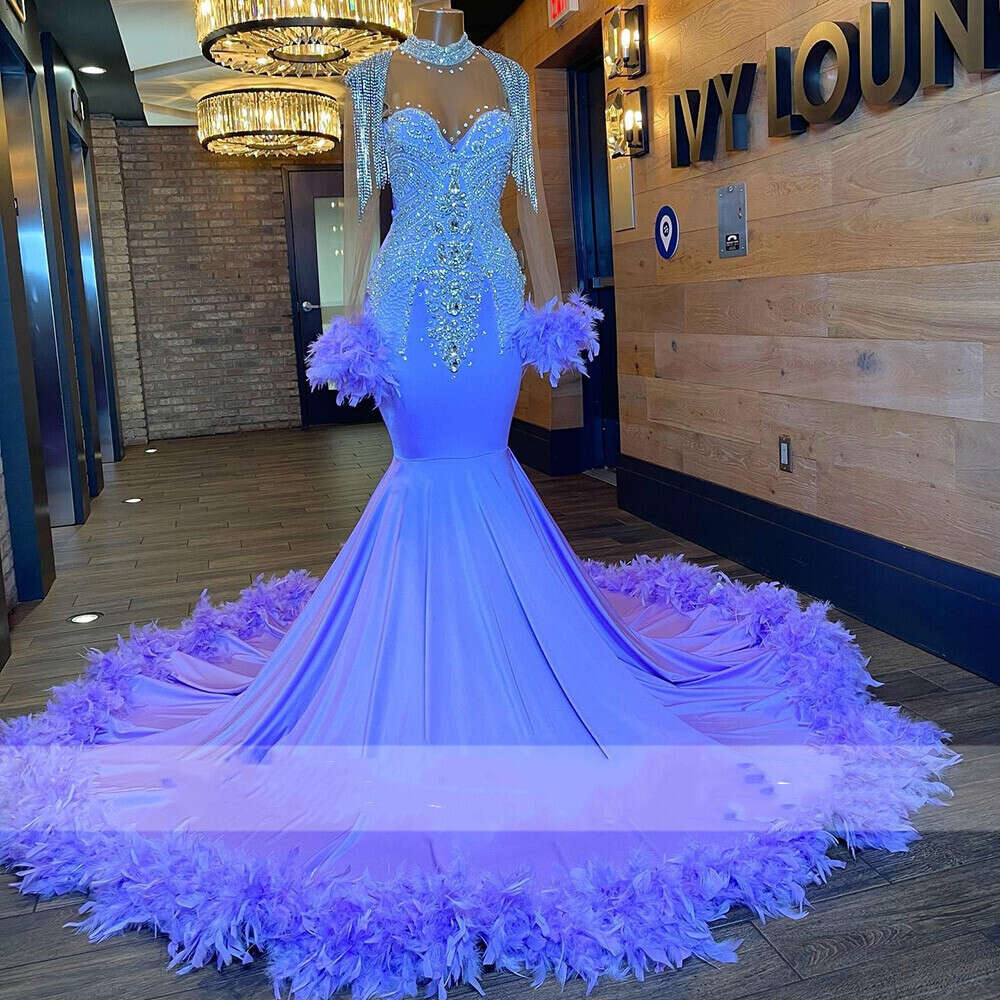 Purple High Neck Long Prom Dress For Black Girls Beaded Crystal Tassel Birthday Party Gowns Feathers Evening Dresses Es 0219