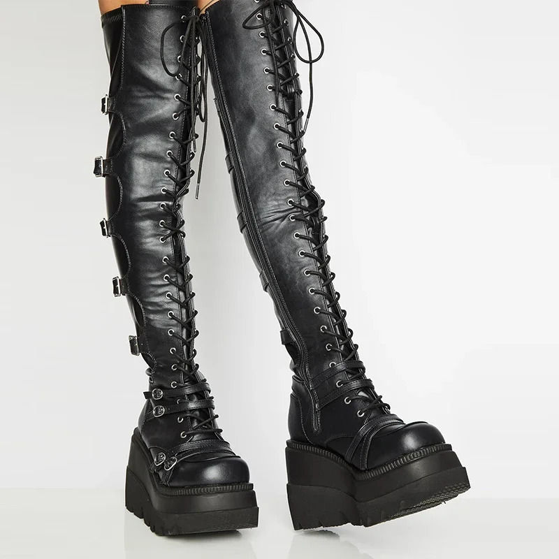 Punk Over-the-knee Boots Women Platform Heels Belt Buckle Boot Motorcycle Goth Shoe Thigh High Flat Boots Plus Size 42 43 241115