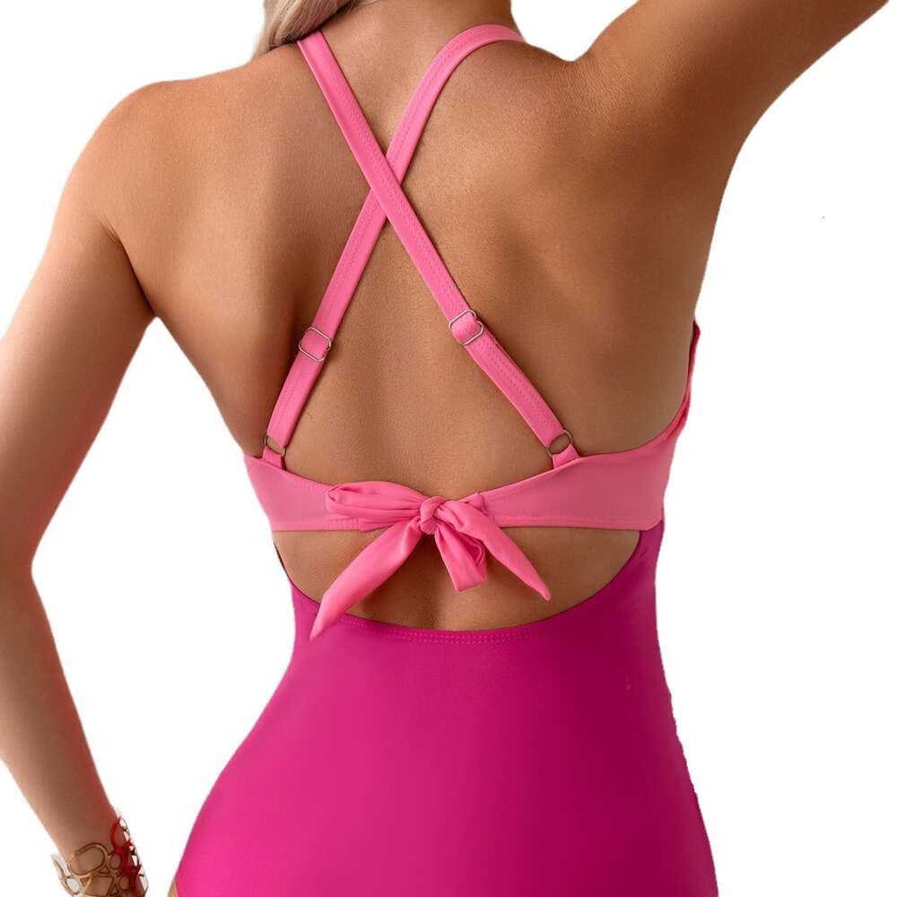 New One-piece Color Blocking Sexy Hollow Cross Strap Women's Swimsuit Bikini F41632 b8aa9