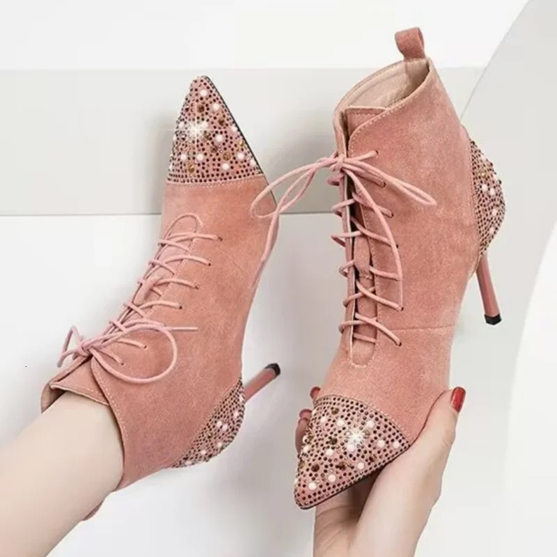 Crystal Chelsea Stiletto Heels Ankle Womens Boots Sexy Pointed Toe Shoes Winter 2025 Trend Suede Lace Up Dress Botas Mujer 241115