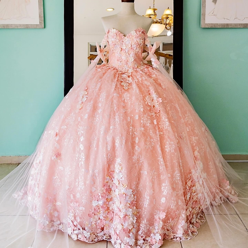Pink Shiny Off The Shoulder Quinceanera Dresses Ball Gown Lace Applique Beaded Tull With Cape Corset Sweet 16 Dress Vestido De 15 Anos