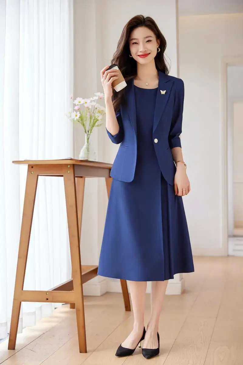 Elegant professional womens clothing fashionable minimalist style showcasing workplace dresses paired with jackets in the set 241115