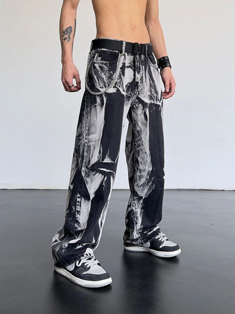 Trousers Hip Hop Chain Male Cowboy Pants Straight Tie Dye Jeans for Men Goth Black Trend 2024 Baggy Oversize Grunge Y2k Washed 241115