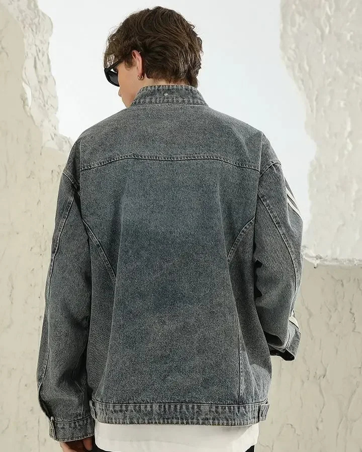 light blue denim long sleeved jacket mens Harajuku zipper jacket autumn winter top Y2K Gothic clothing jacket 241115