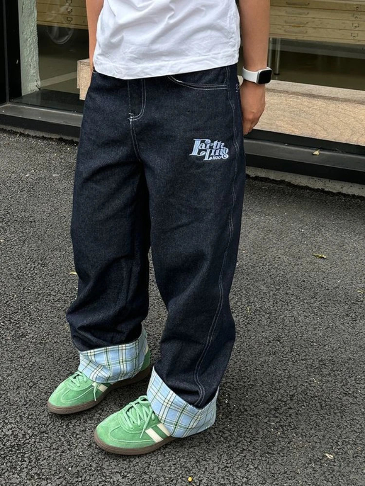 American retro plaid patchwork rolled edge women jeans high street Harajuku loose wide leg straight men and pants 241115