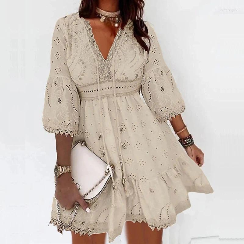 Casual Dresses Sexy Lace Embroidery Hollow Mini Dress Women Elegant Deep V-neck Solid Party 3/4 Flare Sleeve Waist A-Line
