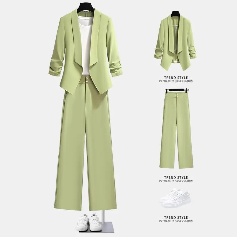 Womens Spring and Summer Green Jacket Pants Two Piece Set Office Elegant Thin Trouser Work Clothes 241115