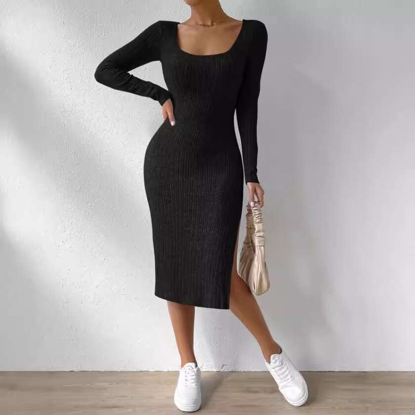 Autumn and winter new square collar long sleeved hem slit jacquard brushed dress for women
