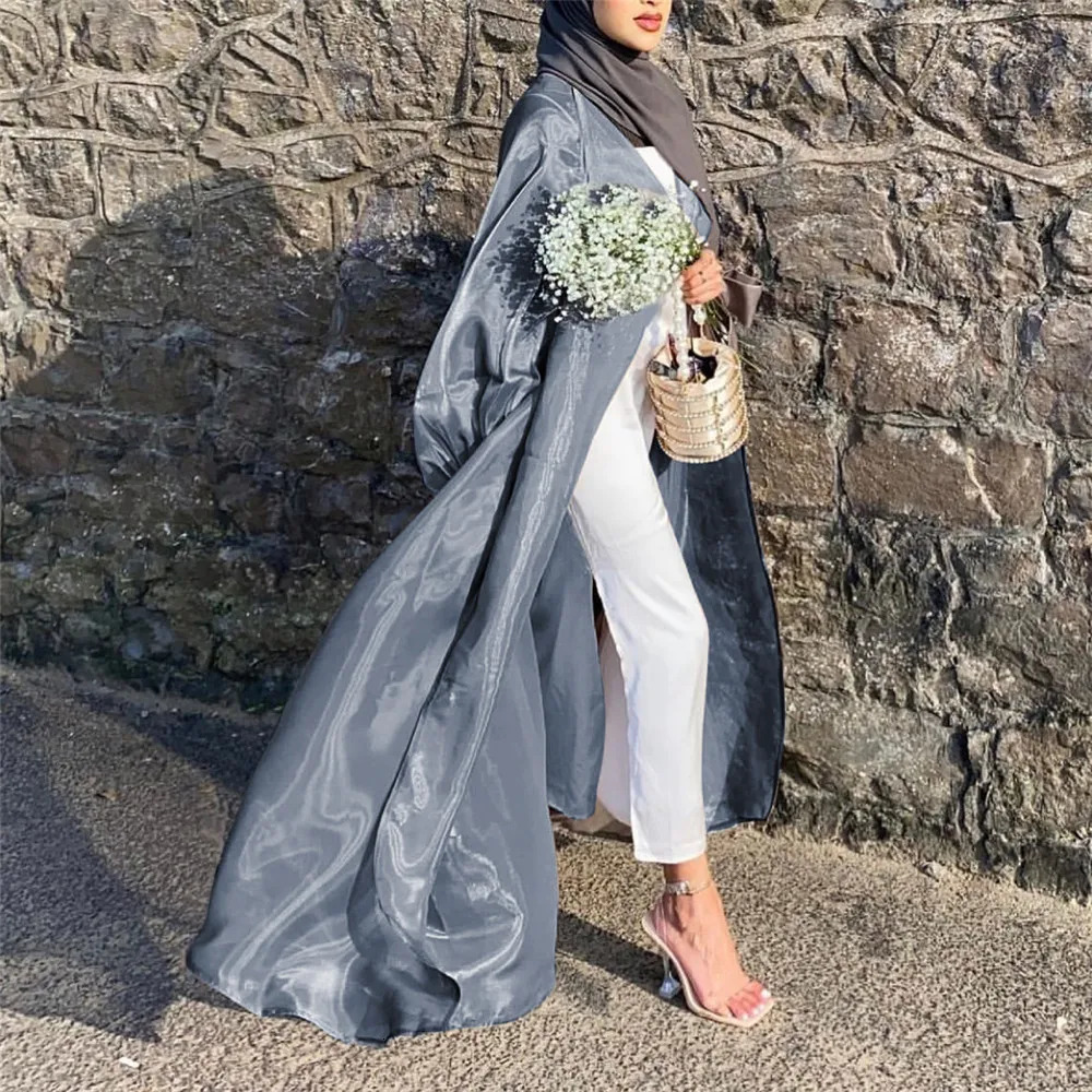 Shiny satin open Abaya Dubai Kaftan Womens Muslim kimono open Islamic puffy sleeves Caftan Maxi dress gown Jalabiya 241111