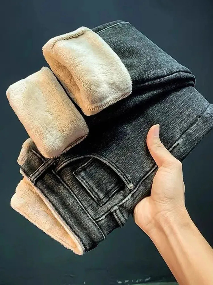Winter Lambwool Womens Slim Pencil Jeans Warm High Waist Leggings Vaqueros Casual Moms Fleece Thicken Denim Pants Snow Velvet 241115