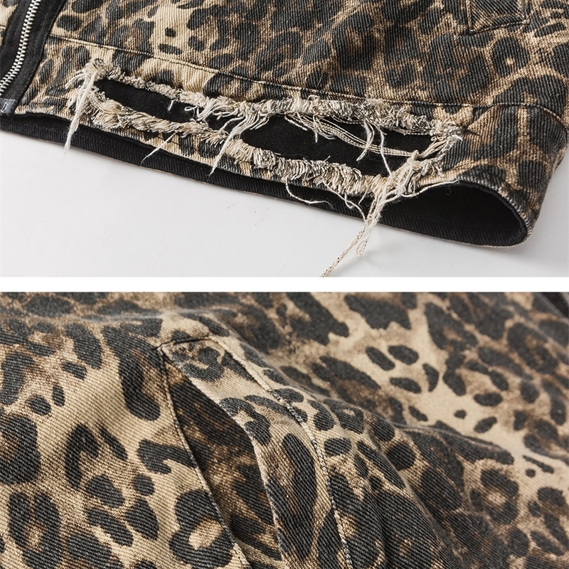cotton denim fabric spring autumn leopard print zipper womens bomber jacket unisex street casual chic jacket retro Y2K 241115