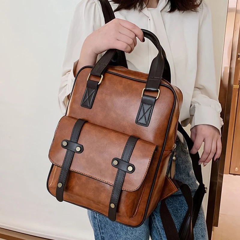 Fashion High Quality Pu Leather Womens Backpack Vintage Ladies Travel Backpack Solid Color Women Shoulder Bags 241115