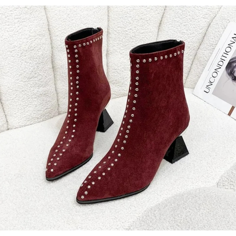 Womens ankle boots light spring and autumn winter pointtoe er womens short back zipper sexy suede high heels mom shoes 241115