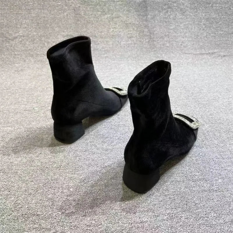 Womens ankle boots fashionable high heels spring and autumn rhinestone short suede winter er casual basic matching shoes 241115