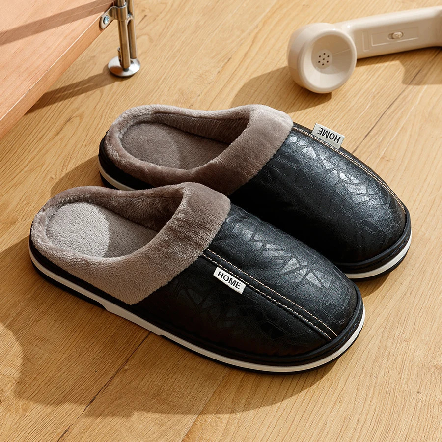 PU Leather Big Sizes Men slippers Indoor Waterproof Fur Flat Mens Winter Home Slipper Cotton Bedroom Houseshoes 241115