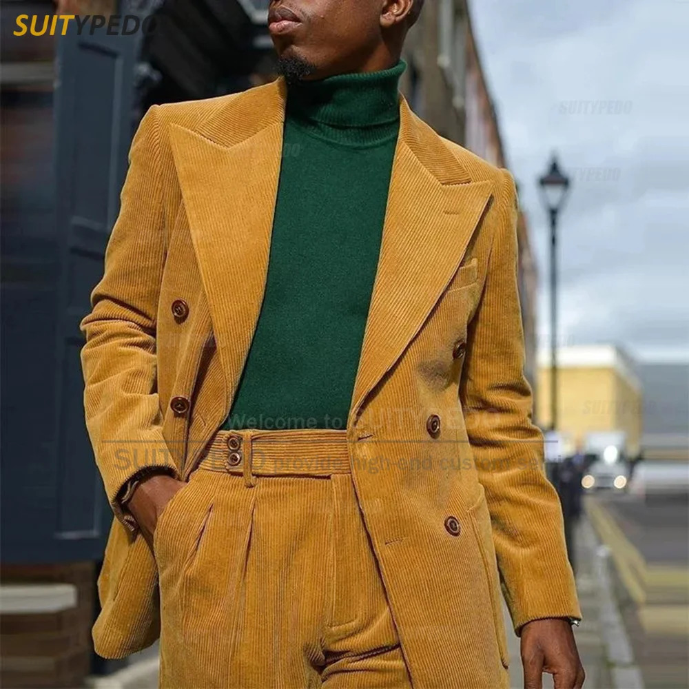 Corduroy Men Suits Slim Fit Set Double Breasted Blazer Pants 2 Pieces Tailormade Business Party Wedding Tuxedos for 241115