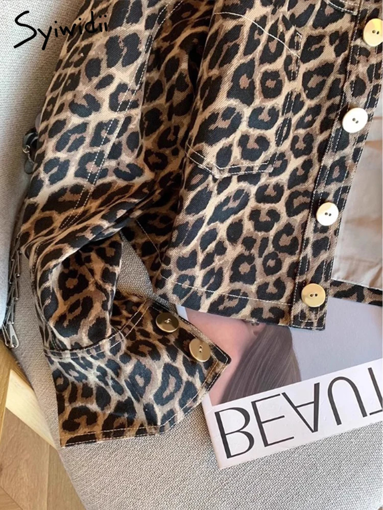 Syiwidii Womens Leopard print Jacket Flip Collar Single Chest Casual Coat Autumn Fashion Long Sleeve Womens Jeans Jacket 241115