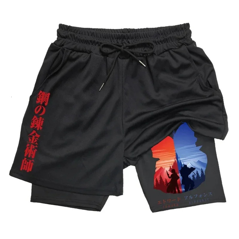 Anime Fullmetal Alchemist Gym Workout Shorts for Men 2 in 1 Compression with Pockets 5 Inch Quick Dry Running Fitness 240411