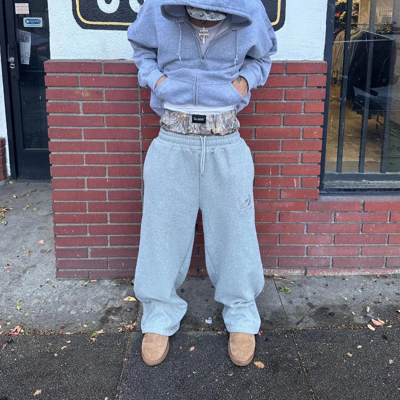 Y2K Retro Sweatpants Double Waisted Embroidered Camouflage Pattern Wide Leg Pants Men Trend Casual Streetwear Unisex Baggy Pants 241116