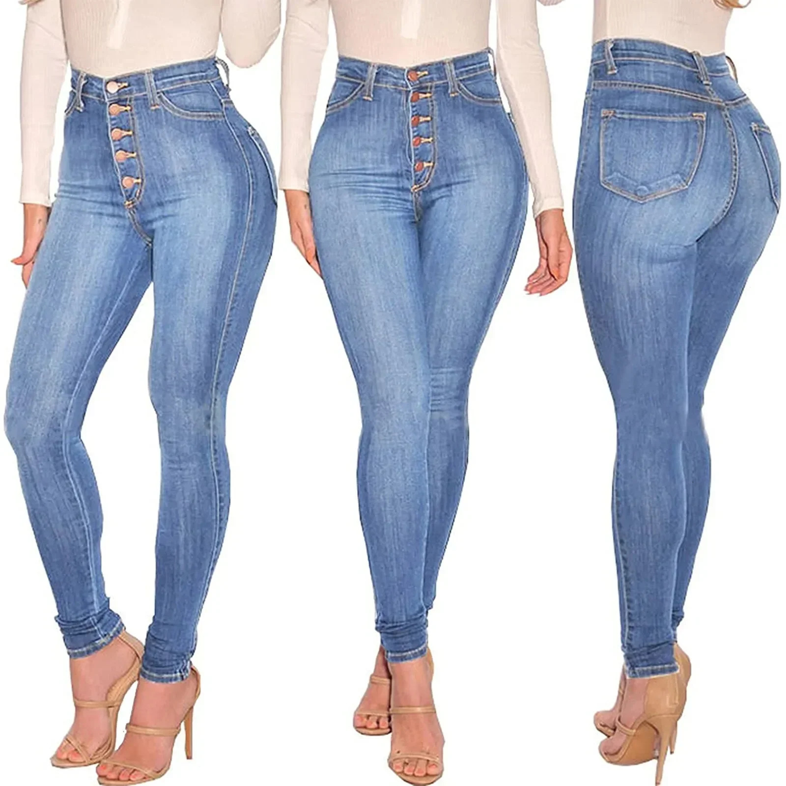 Skinny Colombian Jeans For Women 2024 High Waist Stretch 5 Button Push Up Butt Lifting Pockets Fashion Blue 241115