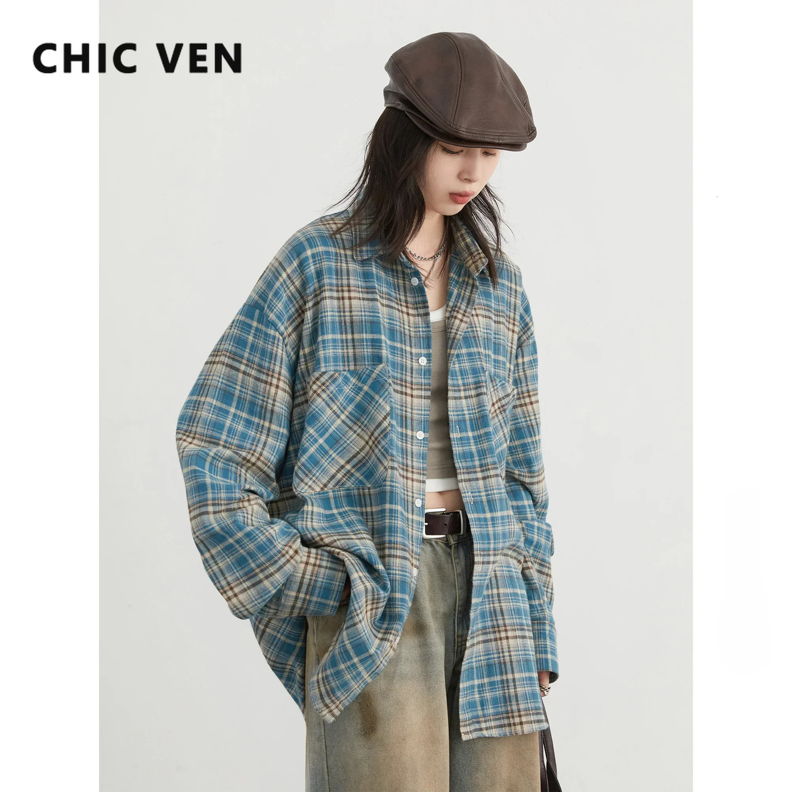 CHIC VEN Womens Cotton Shirt Single Chest Loose Retro Color Checkered Womens Shirt Autumn Spring 241115