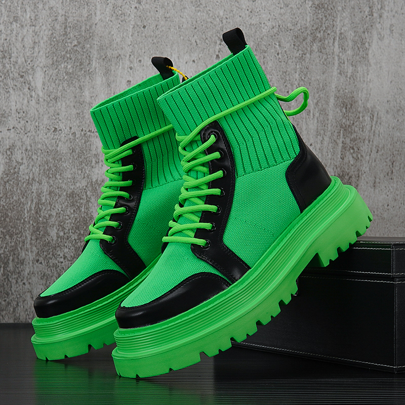 Street Style Thick Sole Man Fashion Sock For Men Breathable Height Increased High Top Male Platform Boots Green Black