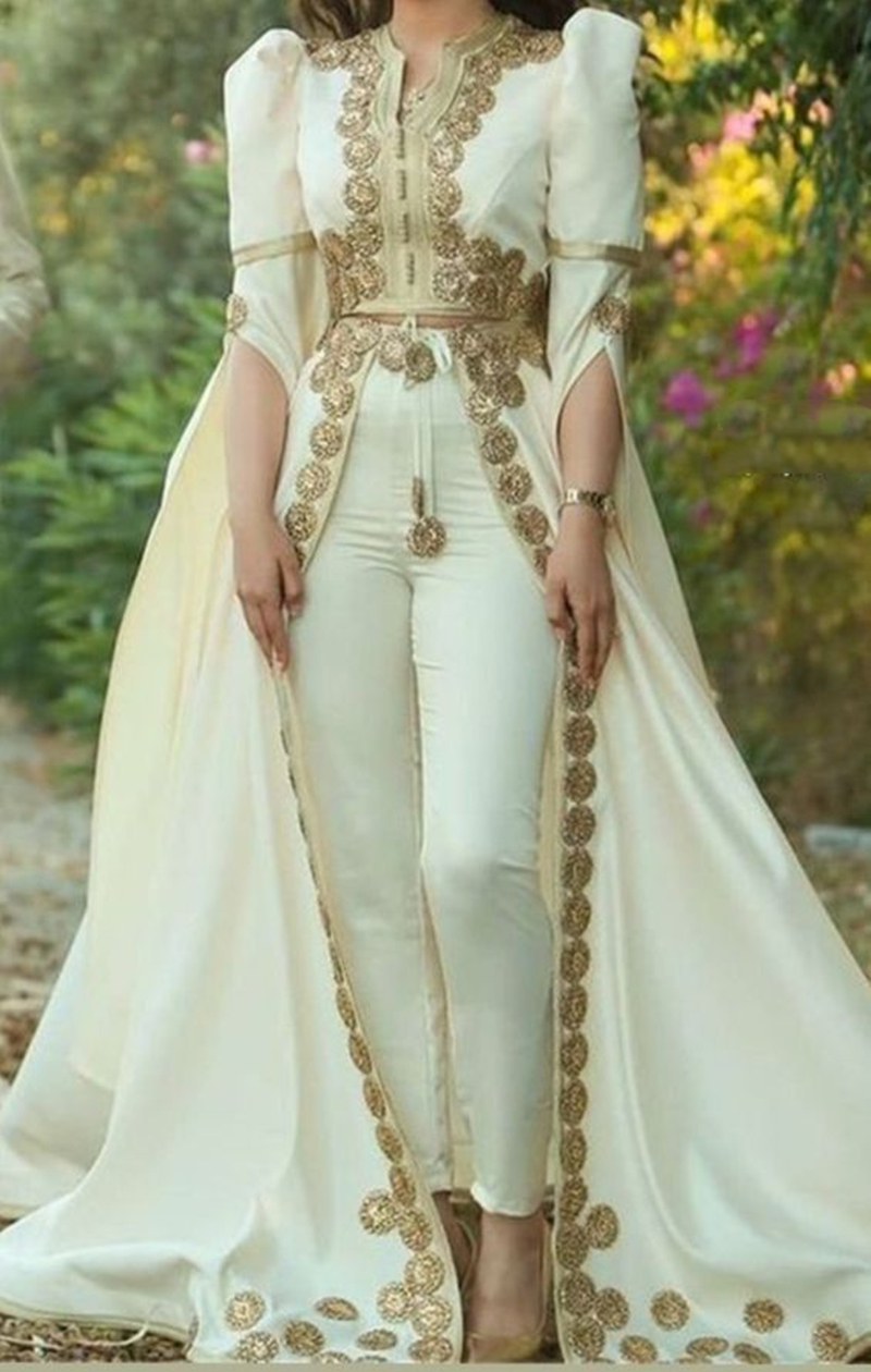 Elegant Ivory Morroccan Kaftan Evening Dresses With Gold Lace Appliques Women Jumpsuits Crystal Beaded Arabic Formal Party Gown Puff Long Sleeves Prom