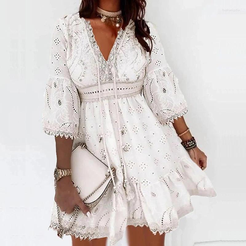Casual Dresses Sexy Lace Embroidery Hollow Mini Dress Women Elegant Deep V-neck Solid Party 3/4 Flare Sleeve Waist A-Line