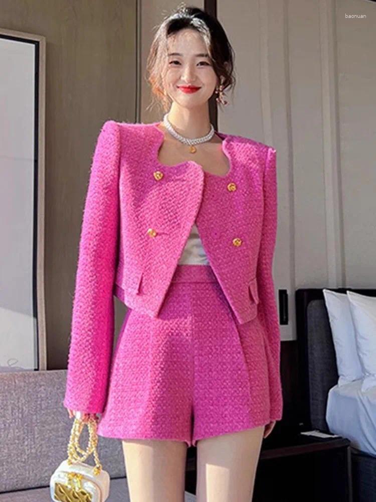Womens Tracksuits Sweet Girl Elegant Suit Autumn Tweed Square Collar Double Breasted Jacket High Waisted Shorts Fashion Two-piece Set