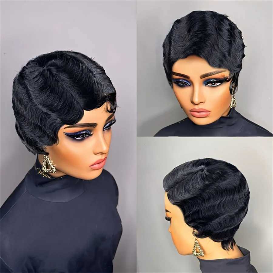 Man made Remy Hair for Women Daily Using Short Finger Wave e Cut Human Hair Wig 4 inches Natural Black 150% Density W241116