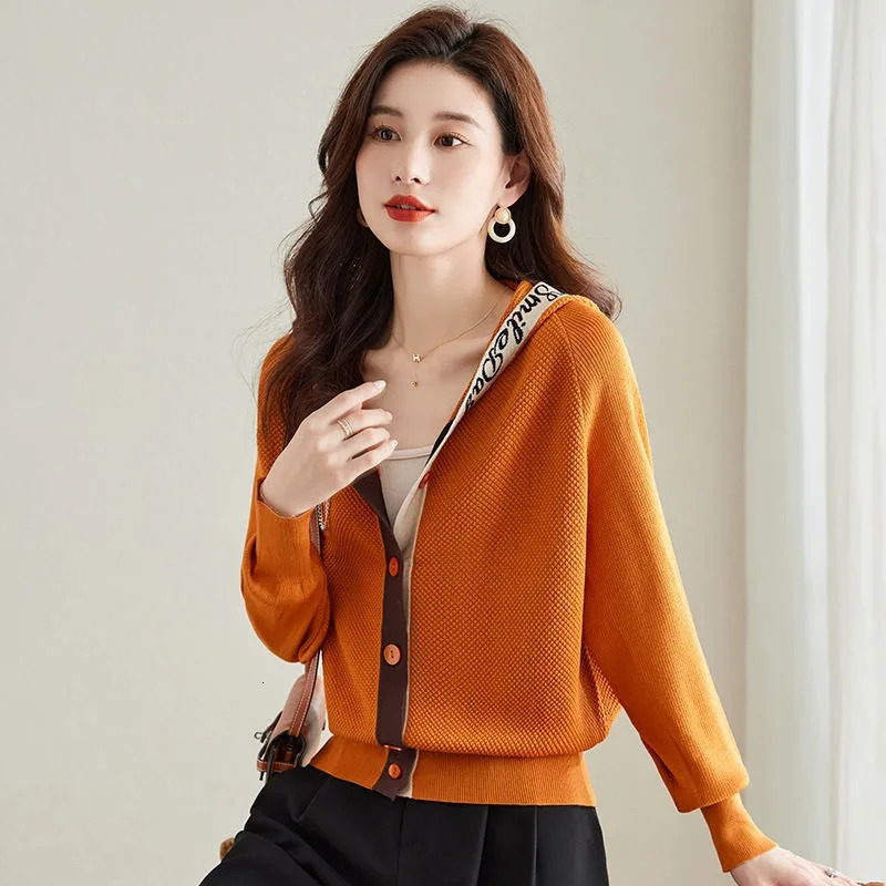 Women Clothes Autumn Winter Casual Hooded Knitting Cardigan Coat Fashion Office Lady Loose Solid Color Long Sleeve Tops 241108