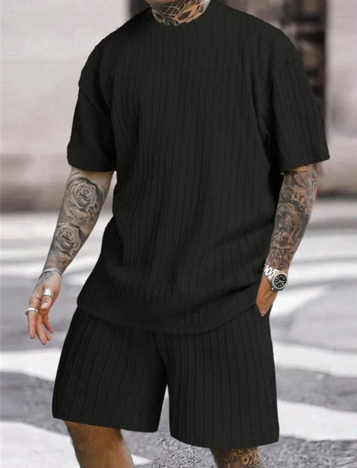 Designer men's sports suit solid color round neck pullover vertical T-shirt shorts two-piece casual suit