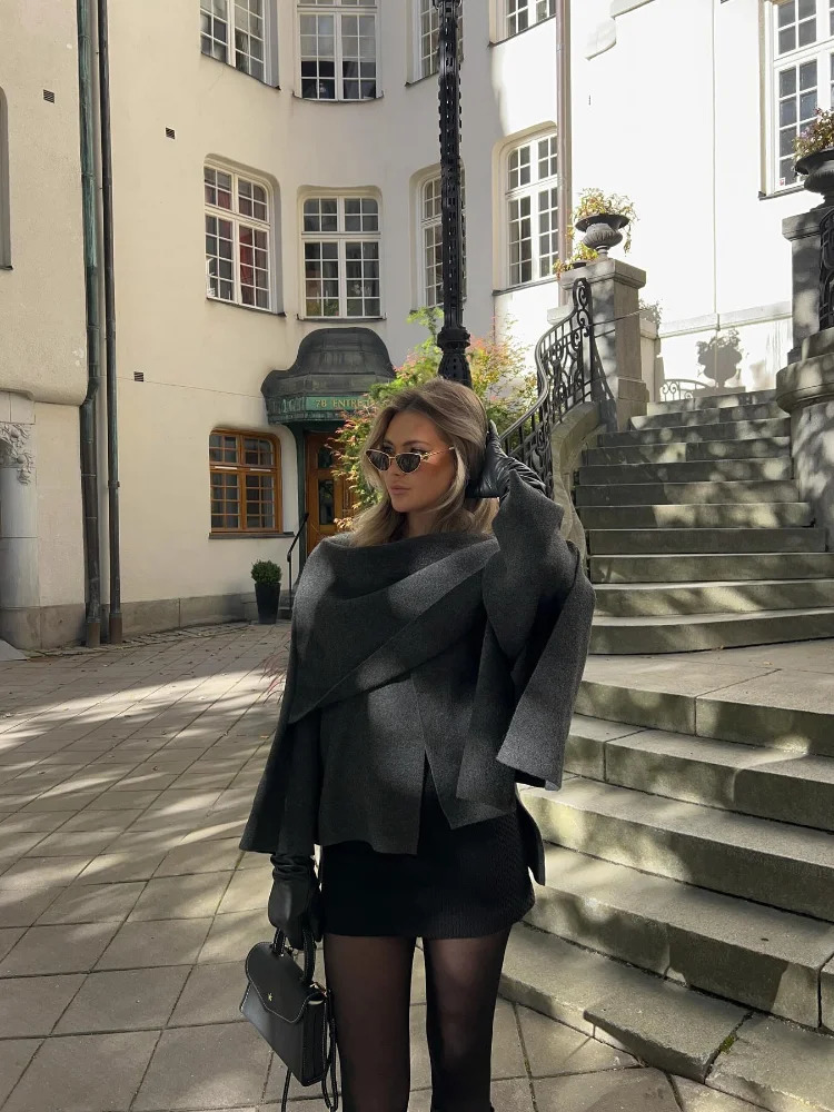 Women Fashion Scarf Decorated Woolen Jacket Casual Solid Long Sleeve Loose Warm Overcoat 2024 Autumn Winter Lady Chic Coat 241108