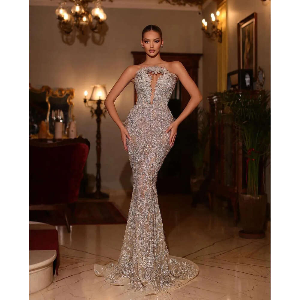 Mermaid Evening Sleeveless V Neck Beaded Exquisite Appliques Sequins Or Length Celebrity 3D Lace Hollow Formal Prom Dresses Gowns Party Dress 6660311